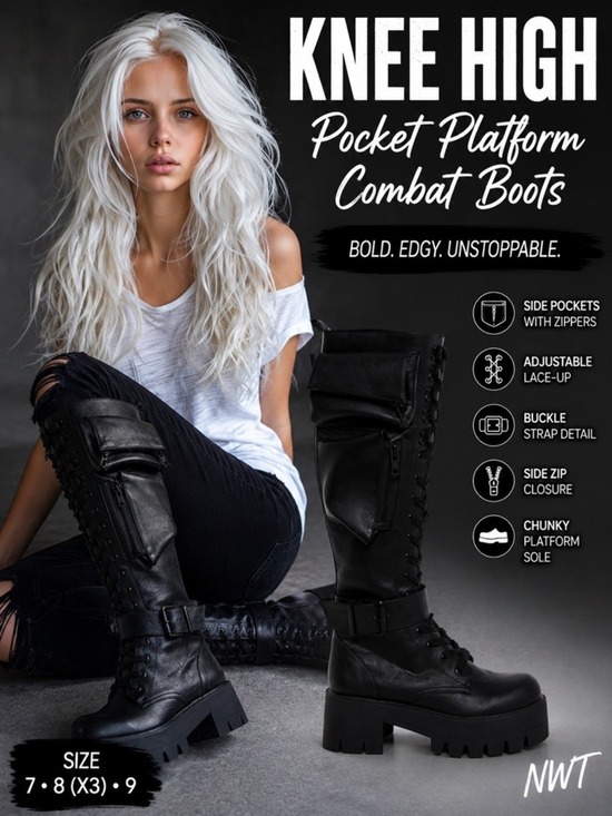Current Mood Shoes - Black Knee High Platform Combat Boots With Cargo Pockets
